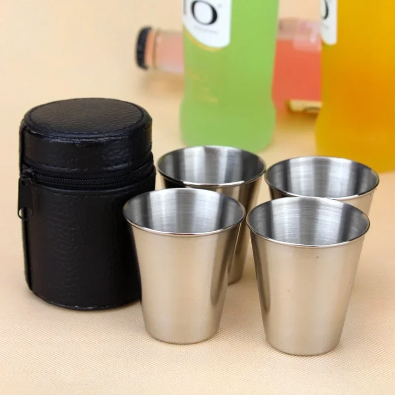 4 teile/satz poliert 30 ml Mini Edelstahl Schnaps glas Tasse trinken Weingläser mit Lederbezug Tasche für Home Kitchen Bar