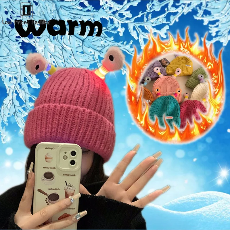 

Funny Luminous Ear Warm Knit Hat Fashionable Brimless Hat Male Winter Warm Beanies For Kids Adult Unisex Beanie Street Hat Gifts