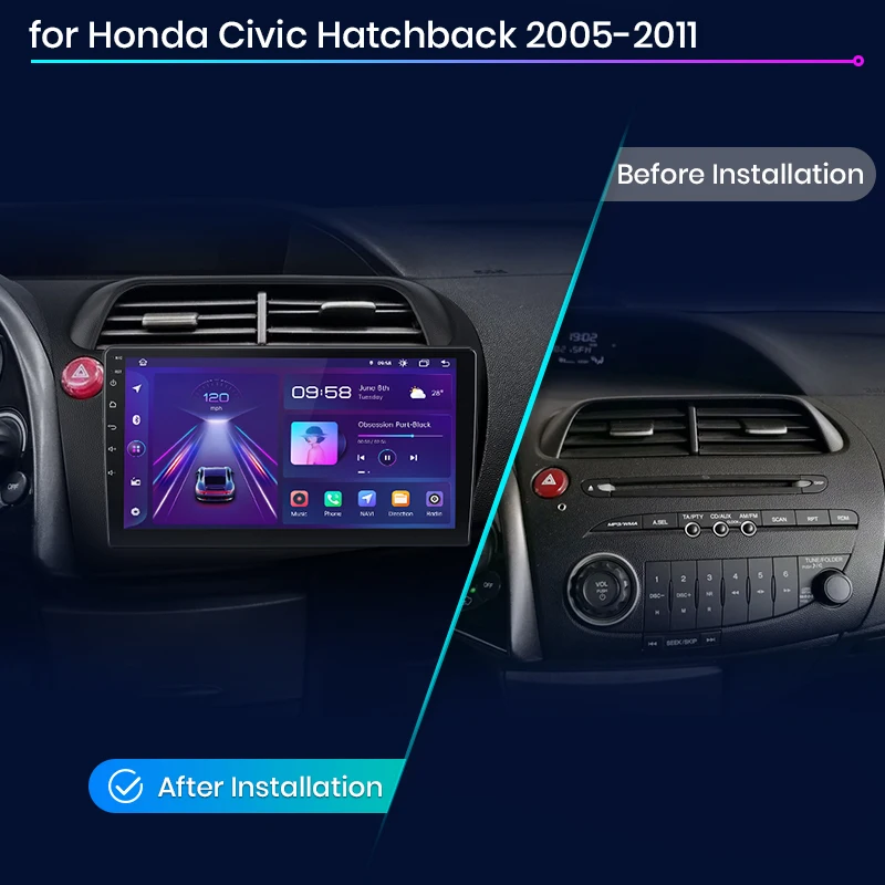 For Honda Civic Hatchback 2005 2006 2007 2008-2011 Wireless CarPlay Android Auto Car Radio GPS RDS WiFi BT 4G Multimedia Stereo