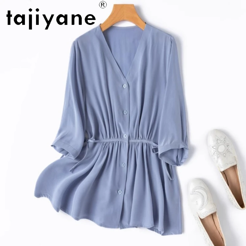 

TAJIYANE 100% Mulberry Silk Shirt Woman High Quality V Neck Haze Blue Blouse Elegant Summer Tops 2025 Ladies Clothes Camisas