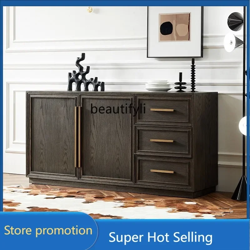 Nordic modern simple medieval solid wood dining side cabinet light luxury restaurant tea cabinet old