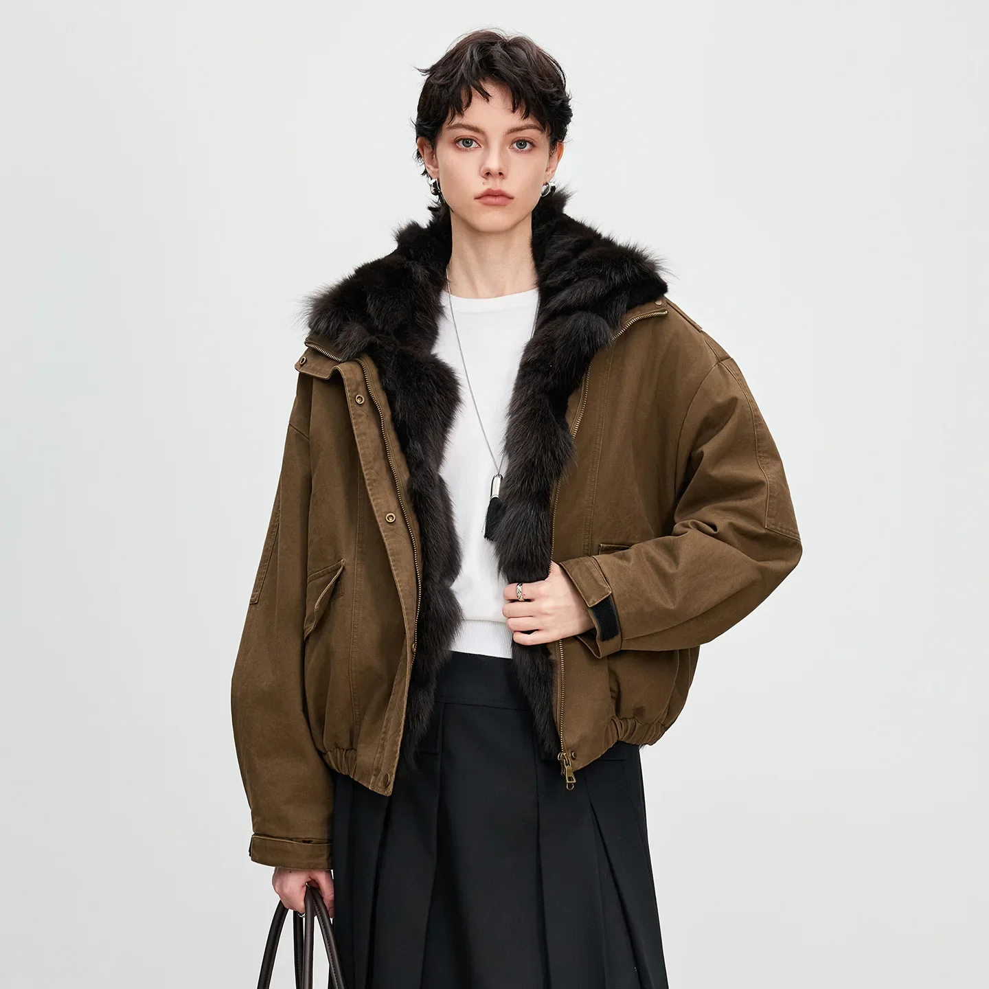 Nieuwe damesvossenbont gevoerde parka jas spijkerjasje casual stijl lederen bovenkleding met lange mouwen comfortabele winterbovenkleding