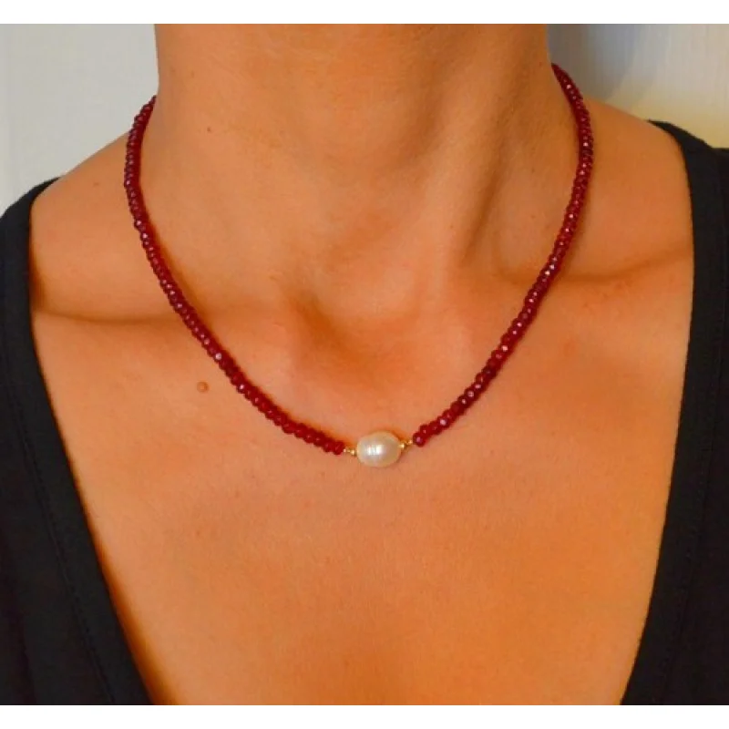 

Natural Faceted Red Ruby South Sea Pearl Yellow Gold Necklace Handmade