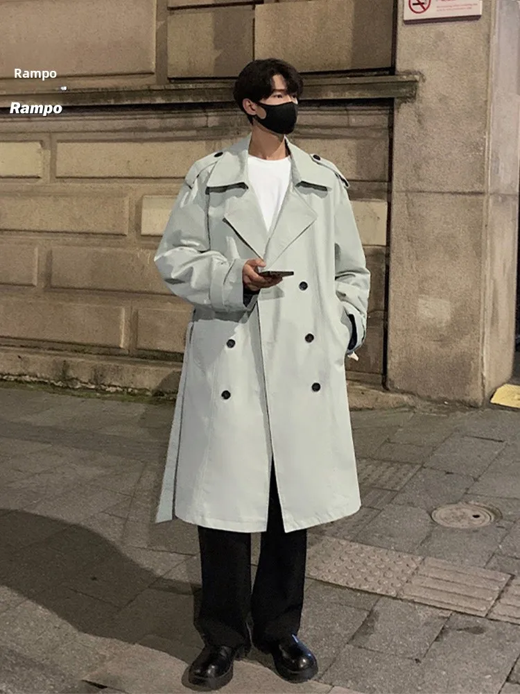 

Winter Men's Long Overcoat Korean Sle Loose Double Breasted Faionable Youth Polyester Fabric Windbreaker Jaet