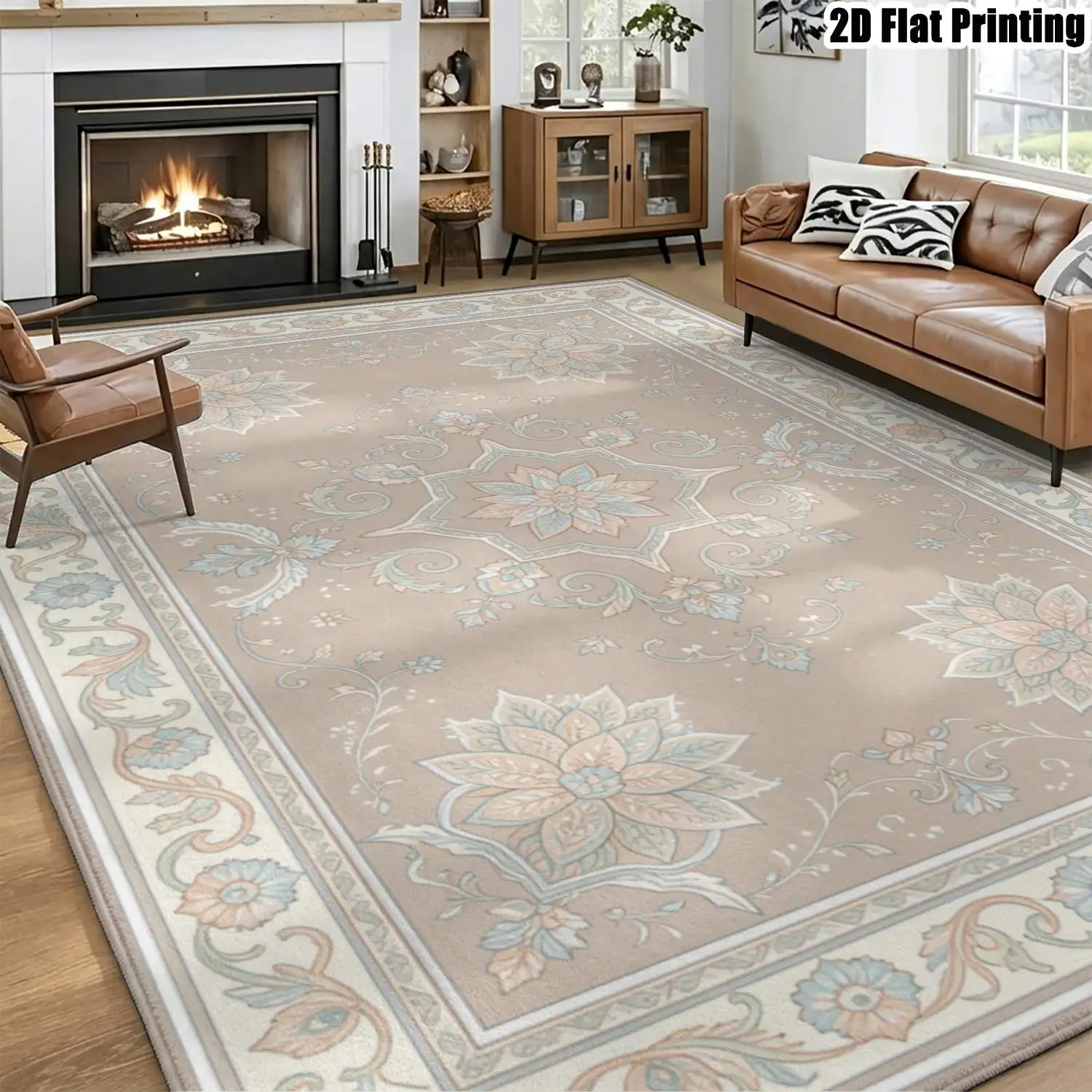 1Pc 2D Printed Carpet: Light Brown Base, Pink-Blue Floral Patterns, European/Vintage/Geometric/Bohemian Style, Home Decor, Multi-Size, Machine Washable, Suitable for Entrance, Living Room, Bedroom, Dining Room, Foyer