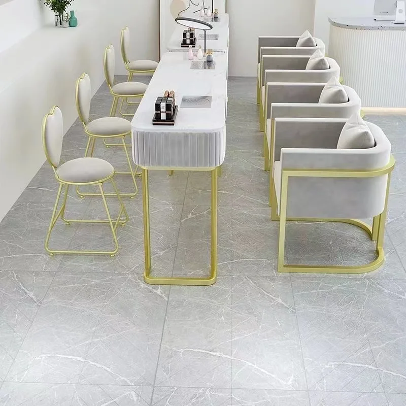 طاولة مانيكير وردية GLASGLOW صالون طاولة أظافر على الطراز الفرنسي الحديث أثاث صالون تجميل زجاج علوي سبا طاولة أظافر بيضاء #5