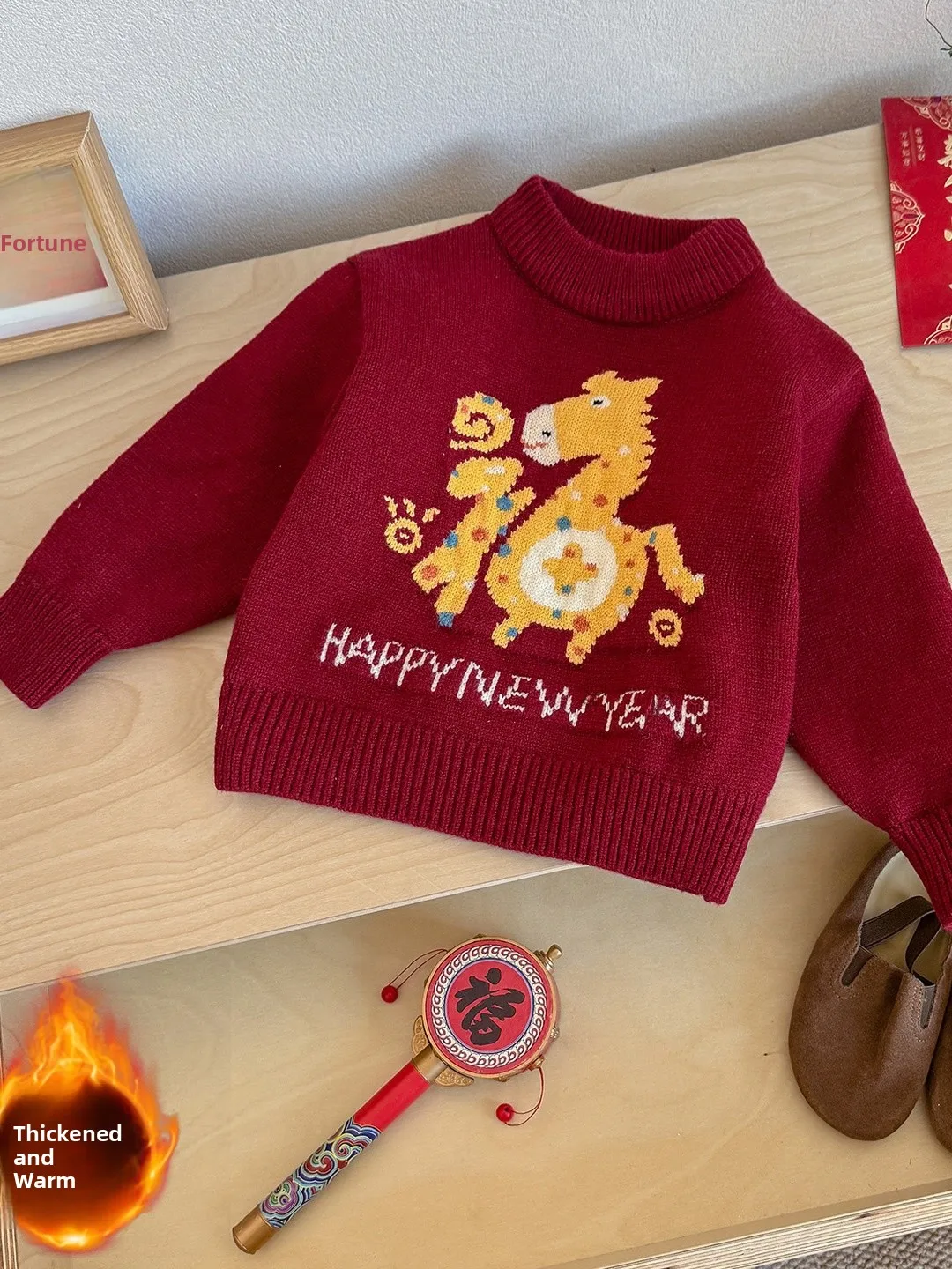 

Детский праздничный вязаный свитер из шерстяной пряжи, свободный крой, красный, новогодний наряд 2025, очень теплый, с длинными рукавами