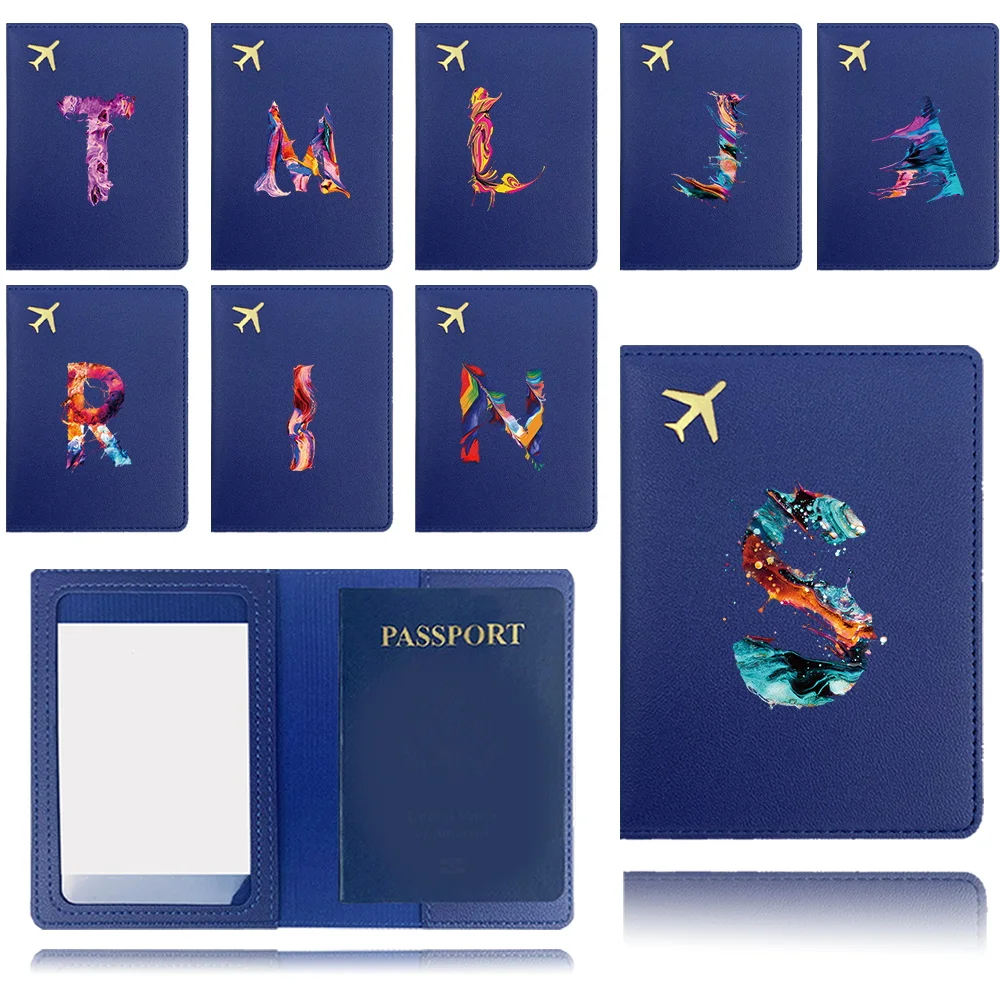 Pu Passport Case Travel Airplane Passport Cover Pocket Business Passport Clip Credit Card Organizer Cover Paint Letter Pattern