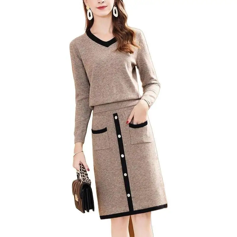 Women Autumn Winter Korean New Fashion V-neck Simple Commuting Dress Pocket Solid Buttons Age Reducing Long Sleeve Skirt Suits