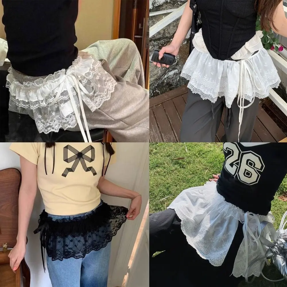 

New Embroidered Flower Lace Mini Skirt Y2K Streetwear Harajuku Ruched Skirts See Through Lace Up Ruffles Skirt Jeans Decoration
