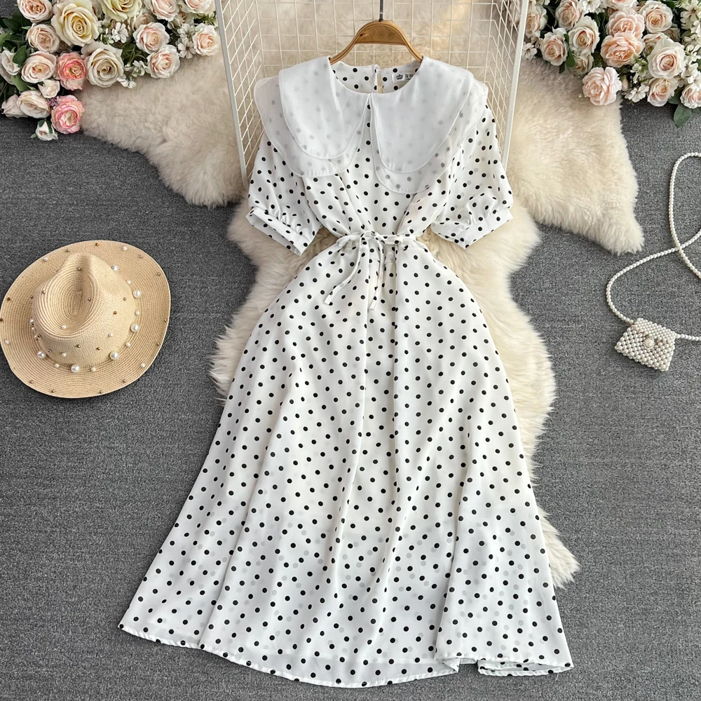 

2023 Summer Korean Fashion Small Fresh Short Sleeve Doll Neck Slim Mid Length A-line Polka Dot Dress