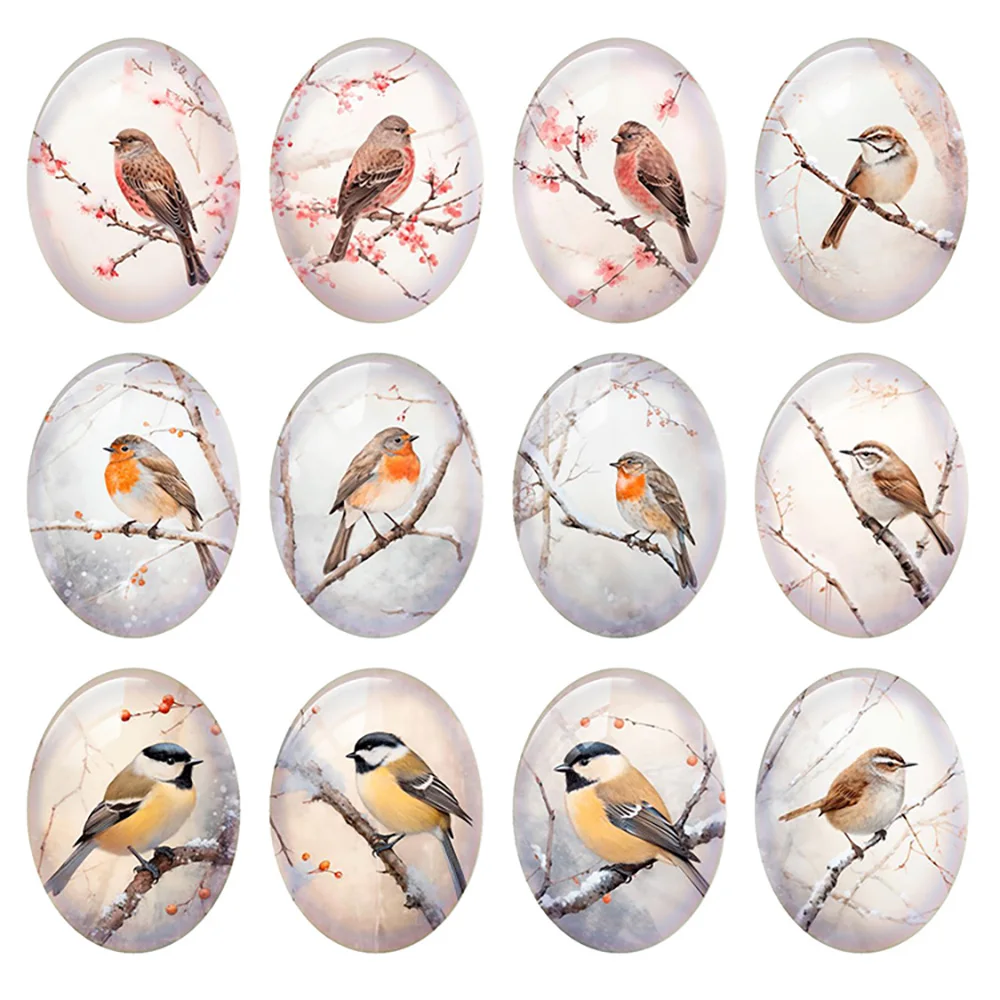 

10 шт./лот, Рождественская елка в стиле ретро, зимняя ветка птицы, снег, овальная фотография, стеклянный кабошон с плоской задней частью, демонстрационная камея, изготовление ювелирных изделий своими руками