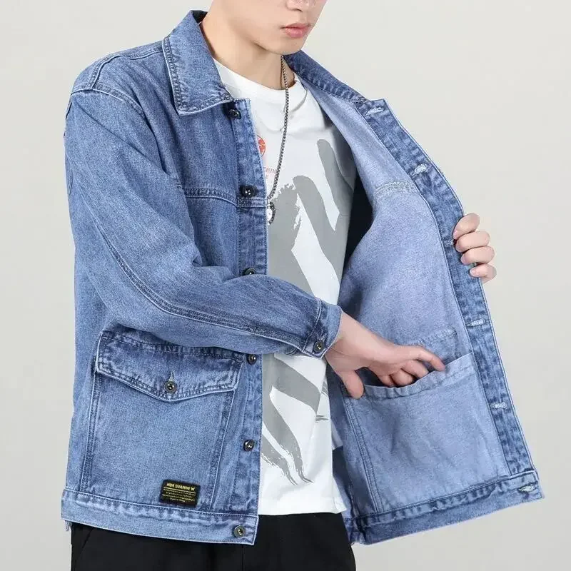 

Jeans Coat for Men Button Gray Denim Jackets Man Autumn Worn Winter 2024 Size L Trendy Fashion Joker Cheap Price Stylish New In