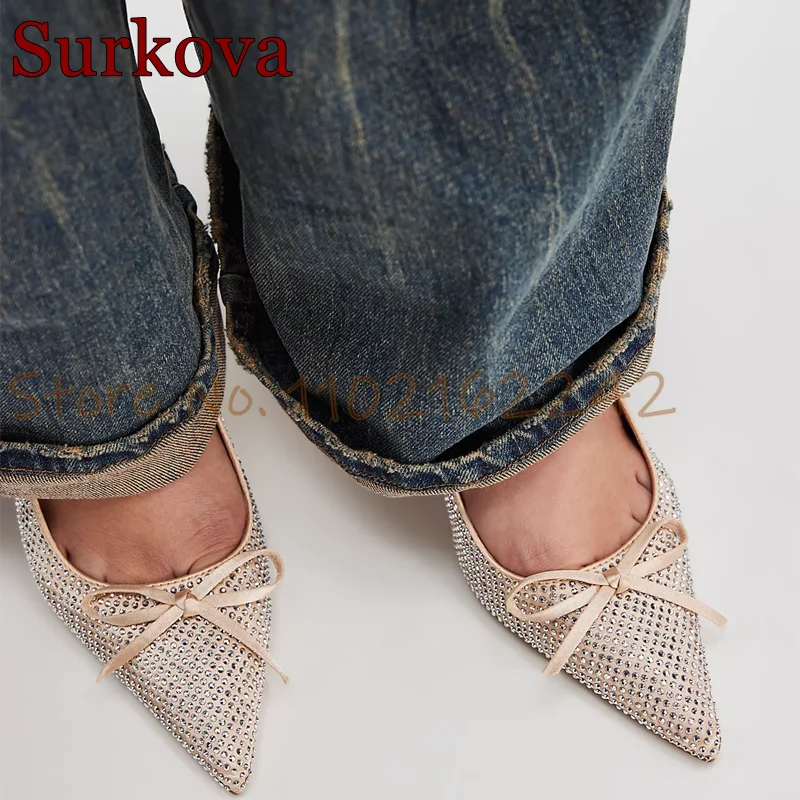 

2025 Spring Bow Rhinestone Pumps High Heels Pointed Low Heel Shallow Mouth Mules Elegant Party Open Heel Pumps Women'S Shoes 43
