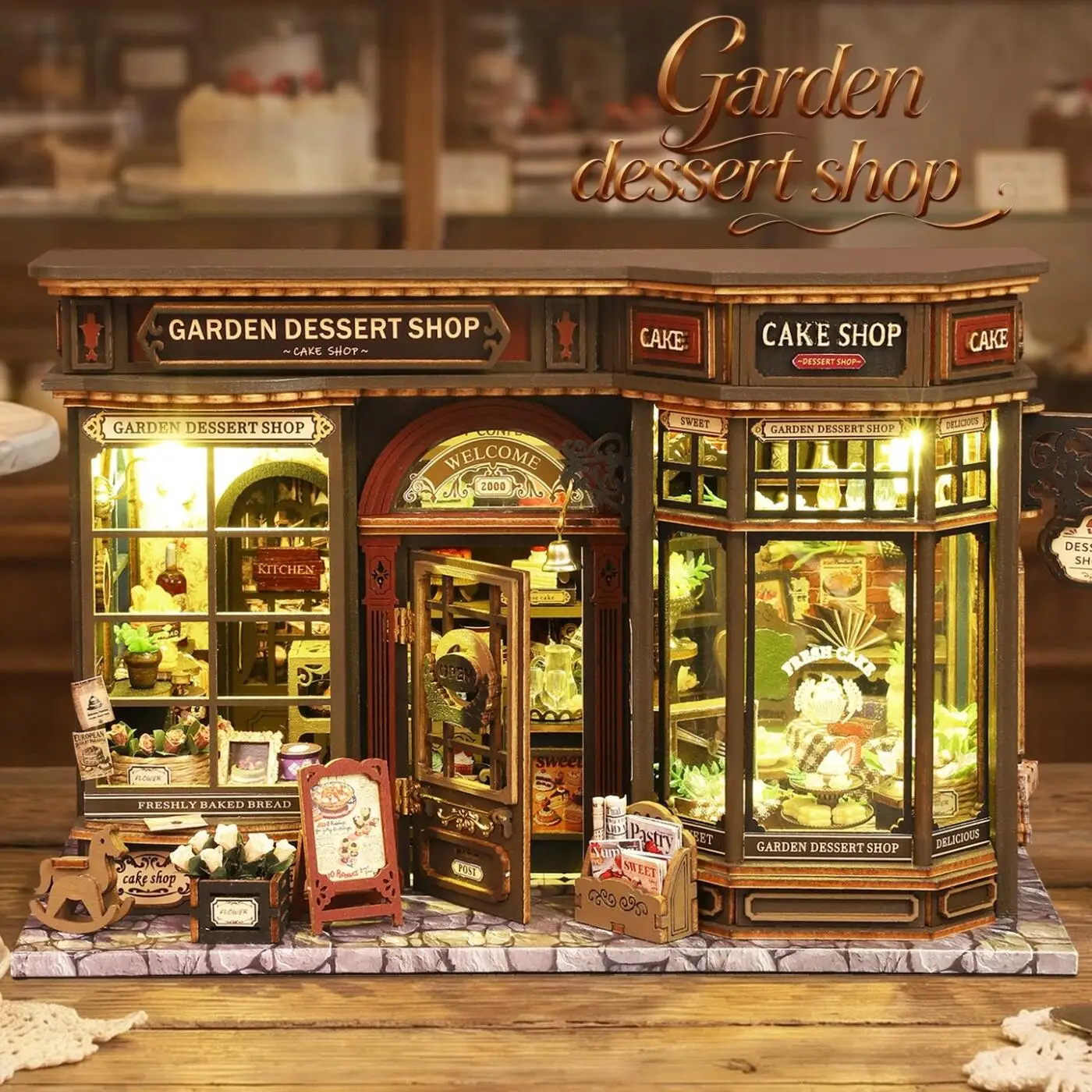 DIY Wooden Cottage Garden Bakery Miniature Kit 3D Puzzle Doll House with LED Light Assembly Model Desktop Decor Gifts for Adults