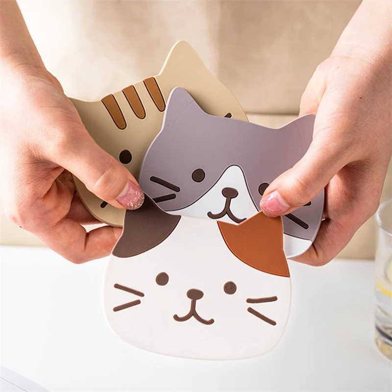 Non-slip Cat Shaped Silicone Cup Mat Holder Coffee Tea Drinks Cartoon Coaster Hot Drink Stand Kitchen Insulated Pad Accessories