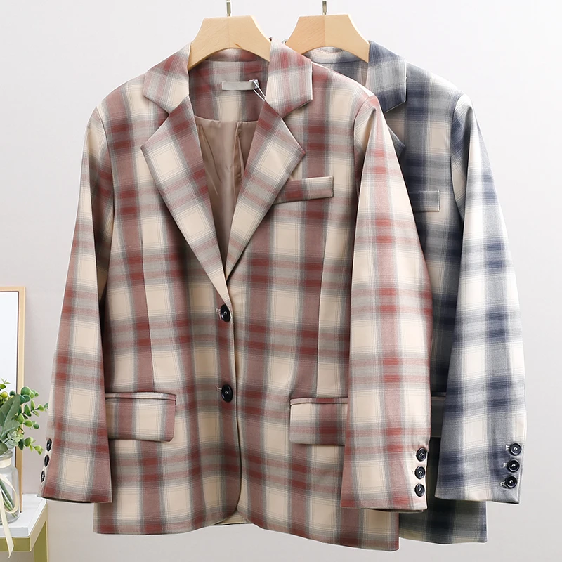 

Loose Plaid Women's Suit Jaet Spring New Sle Street Sle Long Sve Formal Wear Single Button Closure Pure Color