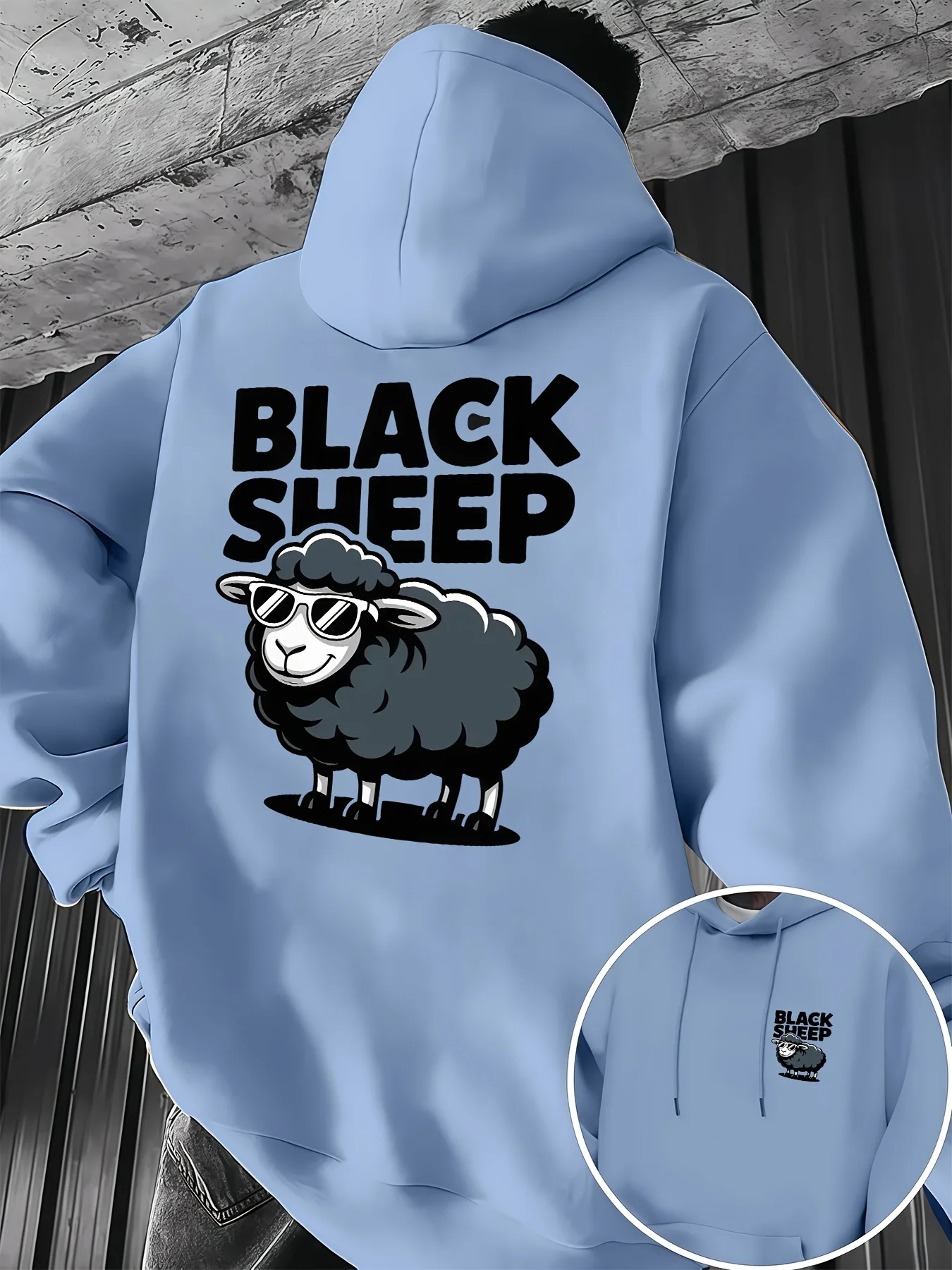 Herren-Hoodie für Herbst und Winter, Black Sheep, Cooles Cartoon-Schaf mit Sonnenbrille, Vorder- und Rückseitendruck, Streetwear-Fleece-Sweatshirt – Detail 5