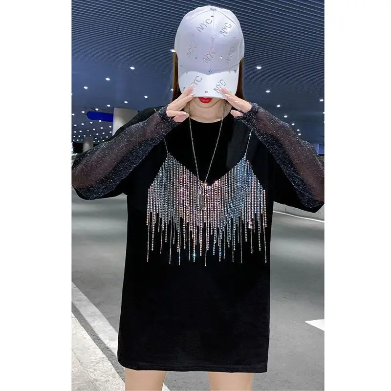 Women Spring Summer Fashion Net Yarn Patchwork Diamonds O-neck Long Sleeve T-Shirt Ladies Casual Office Lady All-match Tops