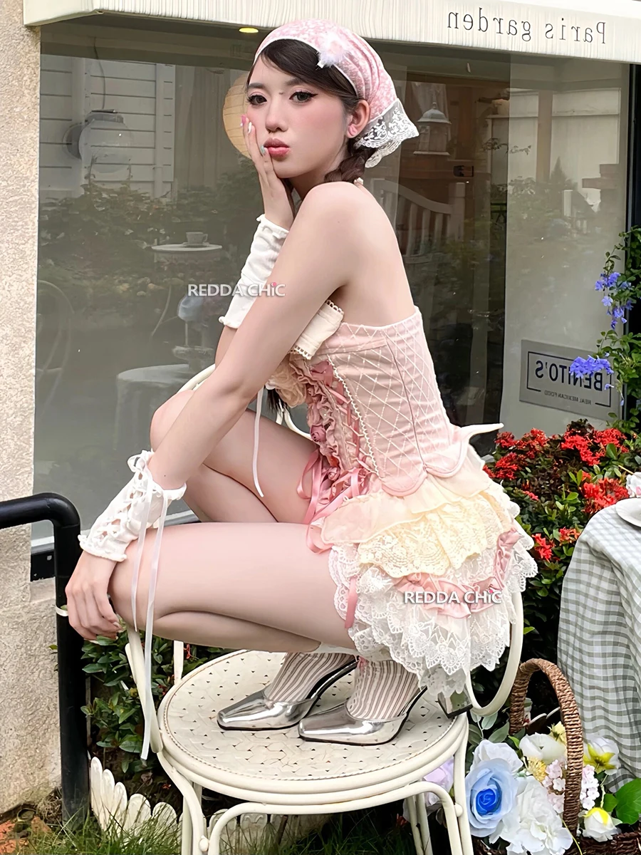 REDDACHiC Lolita Women Bowknot Corset Mini Cake Skirt Set Floral Coquette Lace-up Tube Top Lace Frilly Skorts Summer Clothes