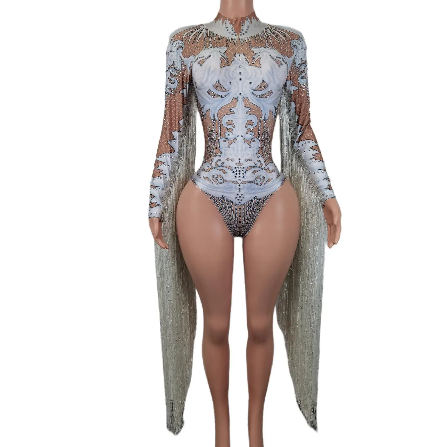 

Personality 3D Printed Rhinestones Bodysuit Long tassel Bling Crystal Jumpsuit Women Nightclub Costume Party Stage Wear Baitiane