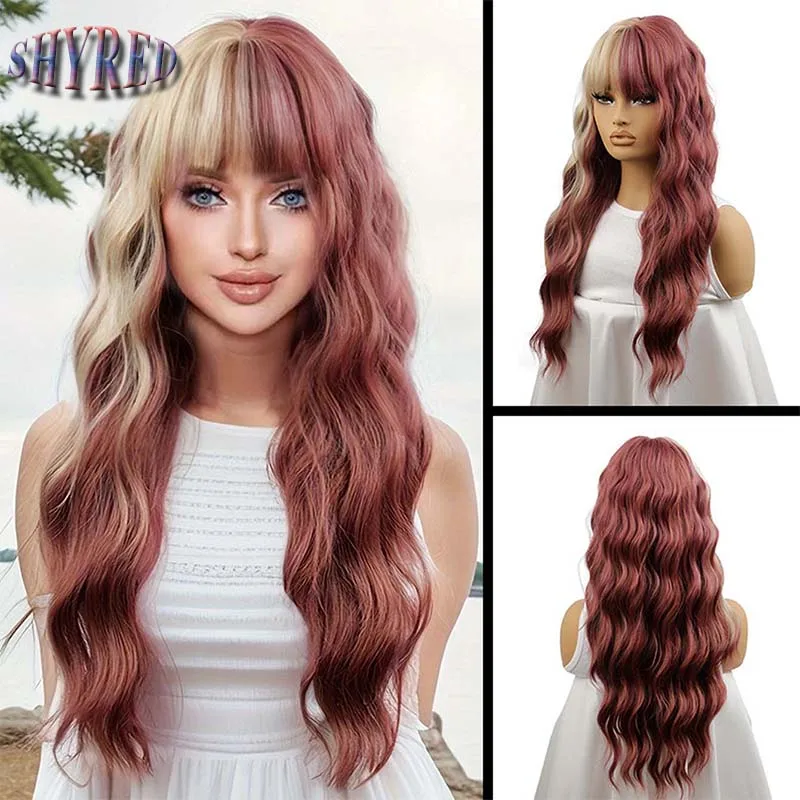 

Synthetic Long Body Wave Mixed Reddish Brown Cosplay Wigs with Bangs For Women Daily Cosplay Wigs Heat Resistant