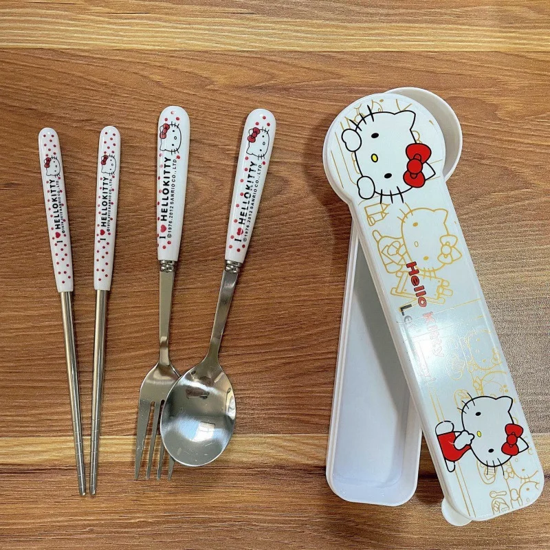 Sanrio 헬로 키티 만화 귀여운 높은 외관 젓가락 숟가락 세트 스테인레스 스틸 학생 회사원 휴대용 식기