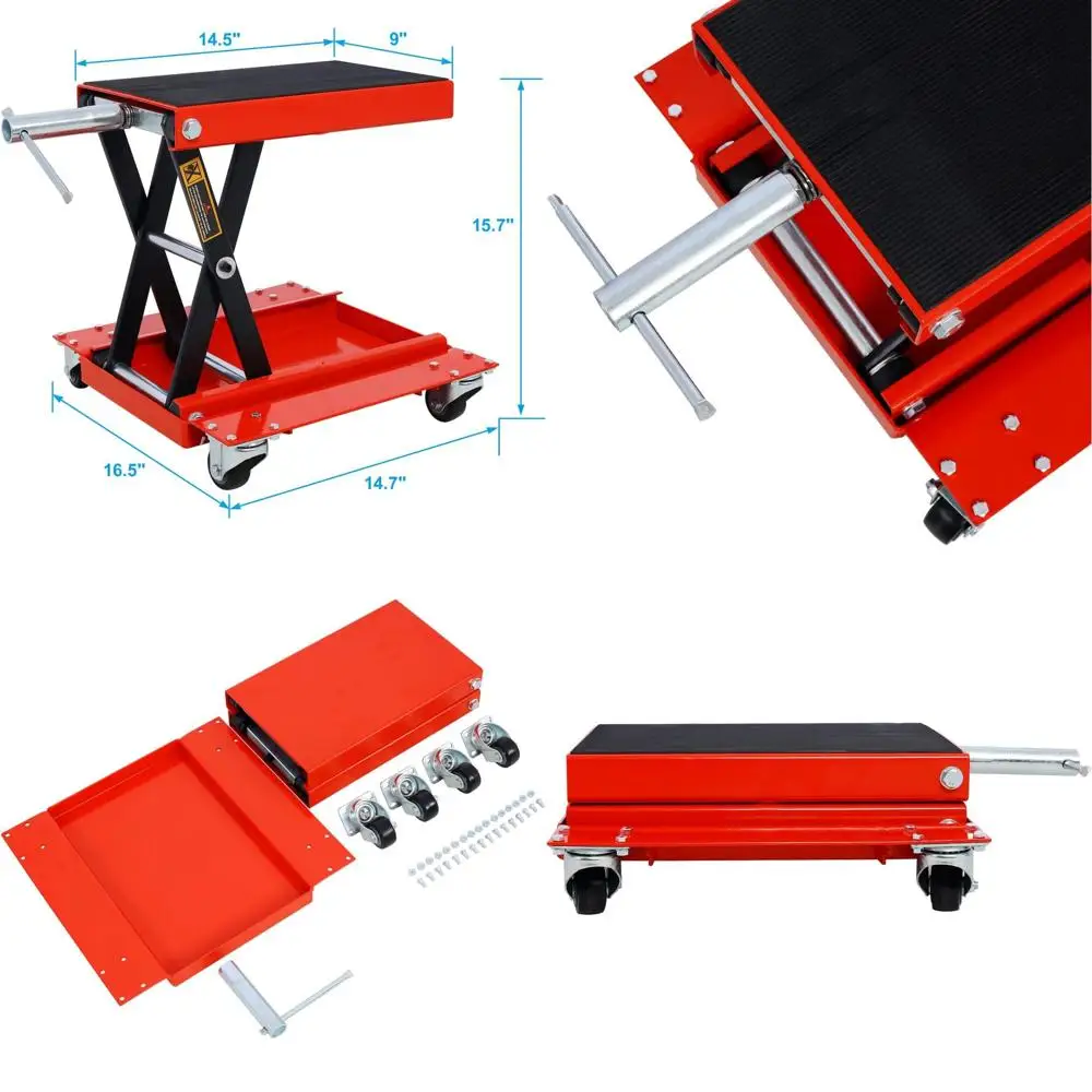 

1100lb Capacity Motorcycle Lift with Dolly Jack, Scissor Style, Wide Deck, Suitable for Front, Rear, and Center Tires, Portable