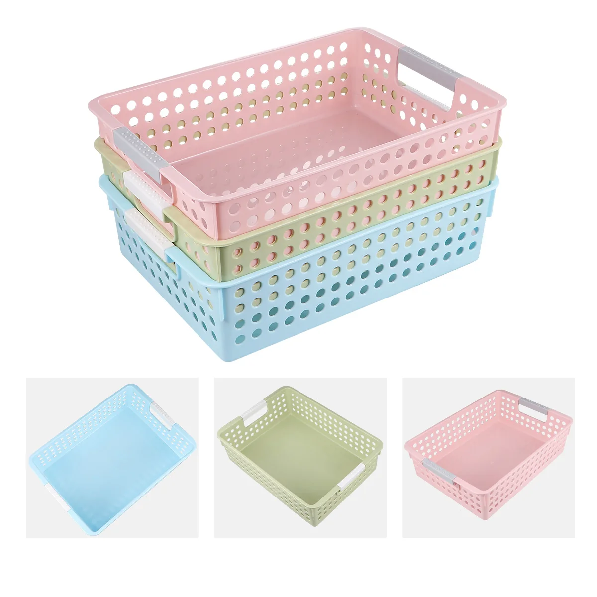 

3Pcs Plastic Storage Basket Desktop Hollow Out File Storage Box Container Document Organizer for Home Office (Pink+Green+Blue)