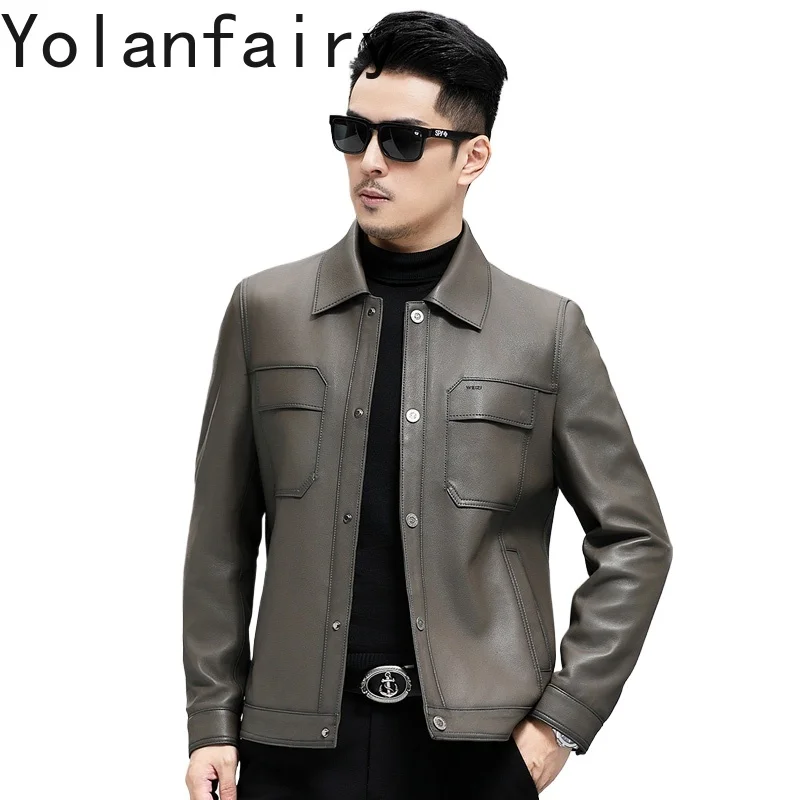 

YOLANFAIRY куртки из 100% натуральной кожи, мужские осенне-зимние повседневные деловые верхние слои, кожаная куртка из овчины, пальто с лацканами, уличная одежда