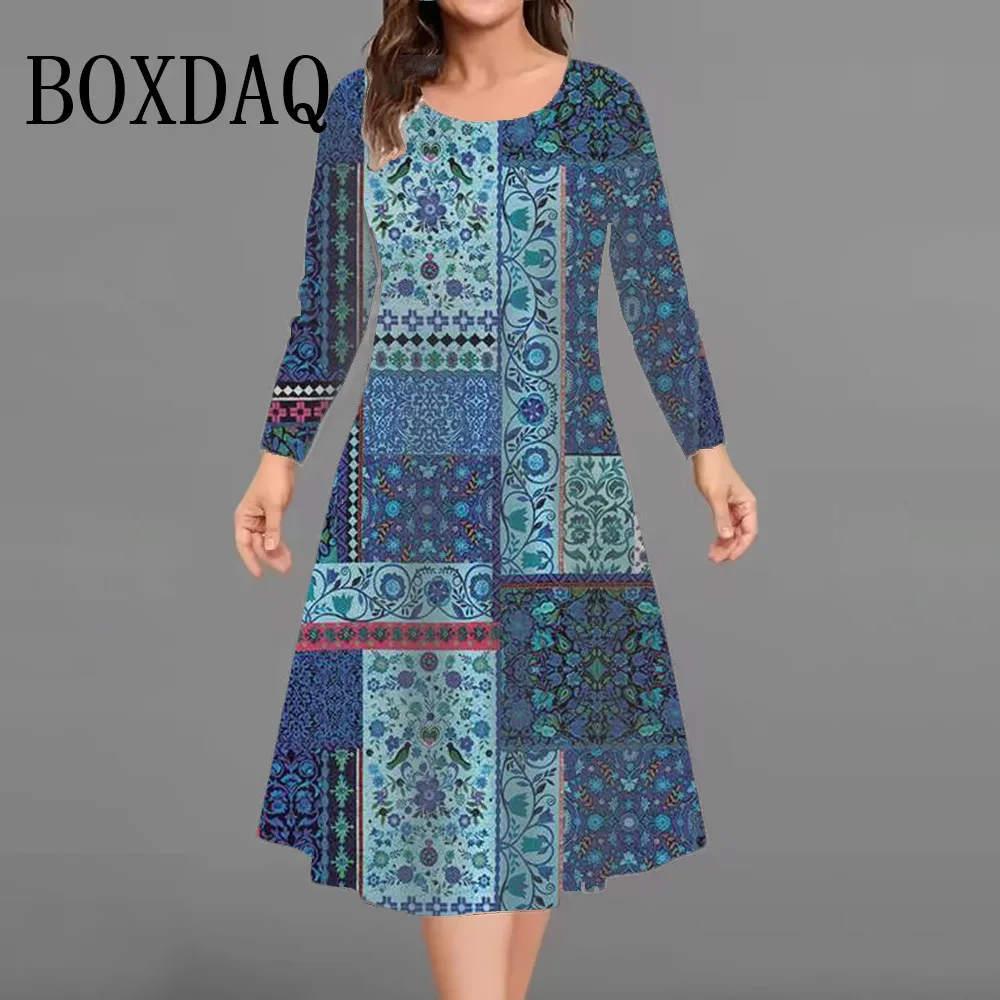 

Vintage Flowers Pattern Dresses For Women 2025 Autumn Fashion Plus Size 3D Print Long Sleeve Dress Casual Female Loose Clothing