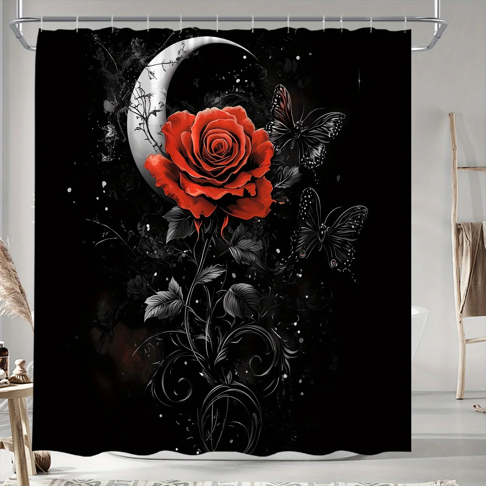 

~O~Занавеска для душа с яркой красной розой — Луна и бабочки, этапельная готическая фантазийная тема, 12 крючков, 70,8x70,8 дюйма