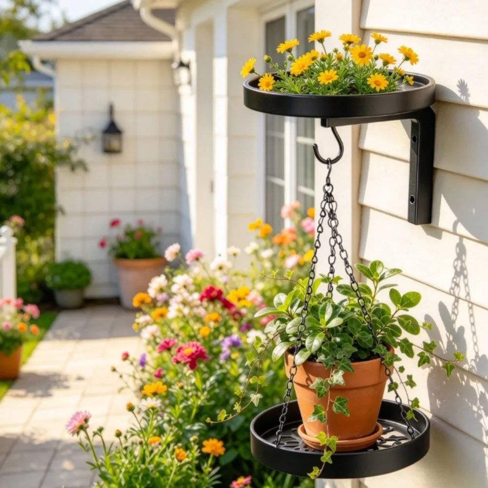 Black Iron Garden Wall Decor with Dual Tier Layout for Bird Feeding and Pot Holding Suitable for Balcony Patio Courtyard Use