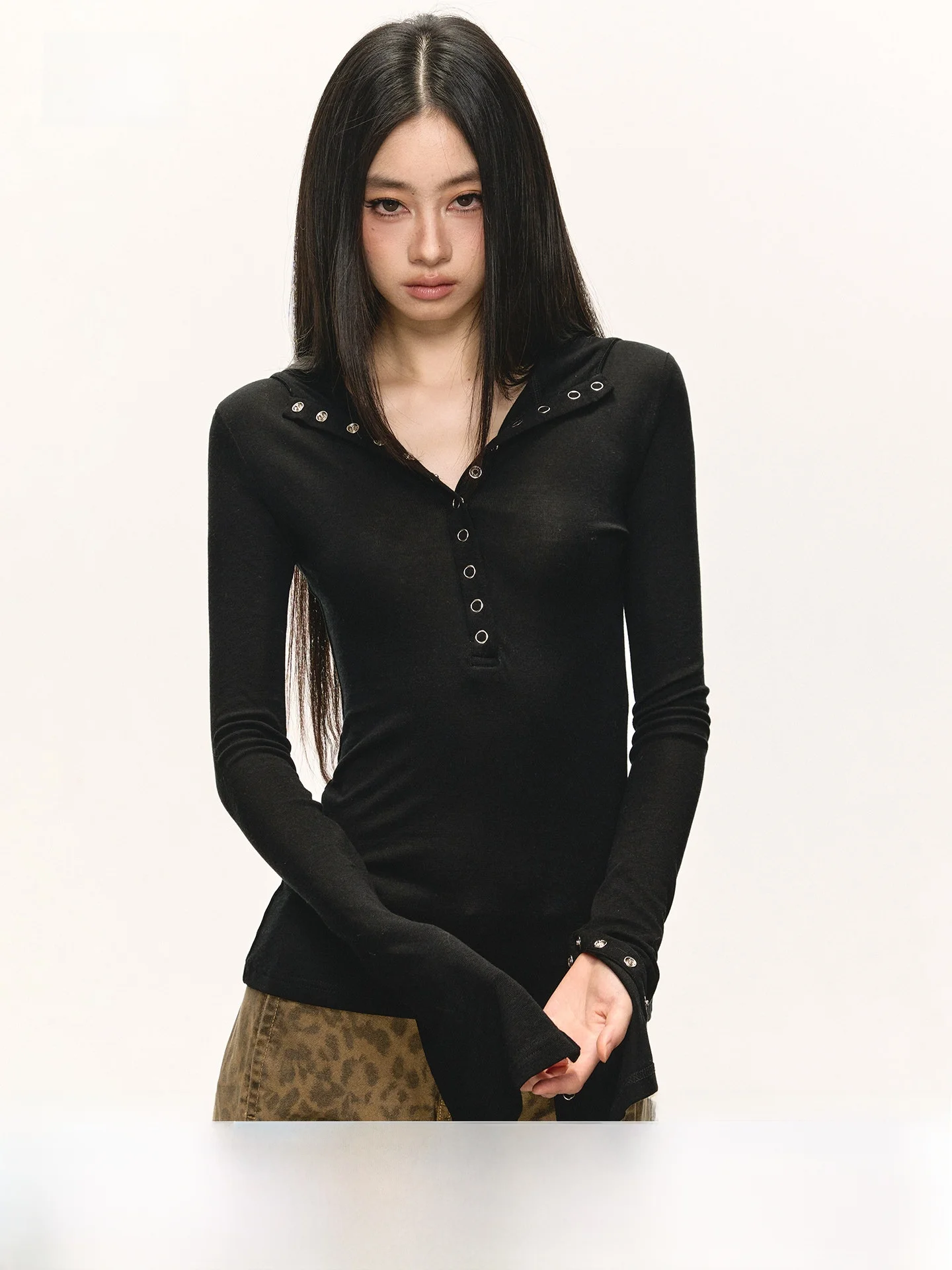 Anna Aneae Silk Wool Henry Collar Hooded Top Women's Slim Fit Long Sleeve T-Shirt Black Casual Style Knitted Casual Fashion