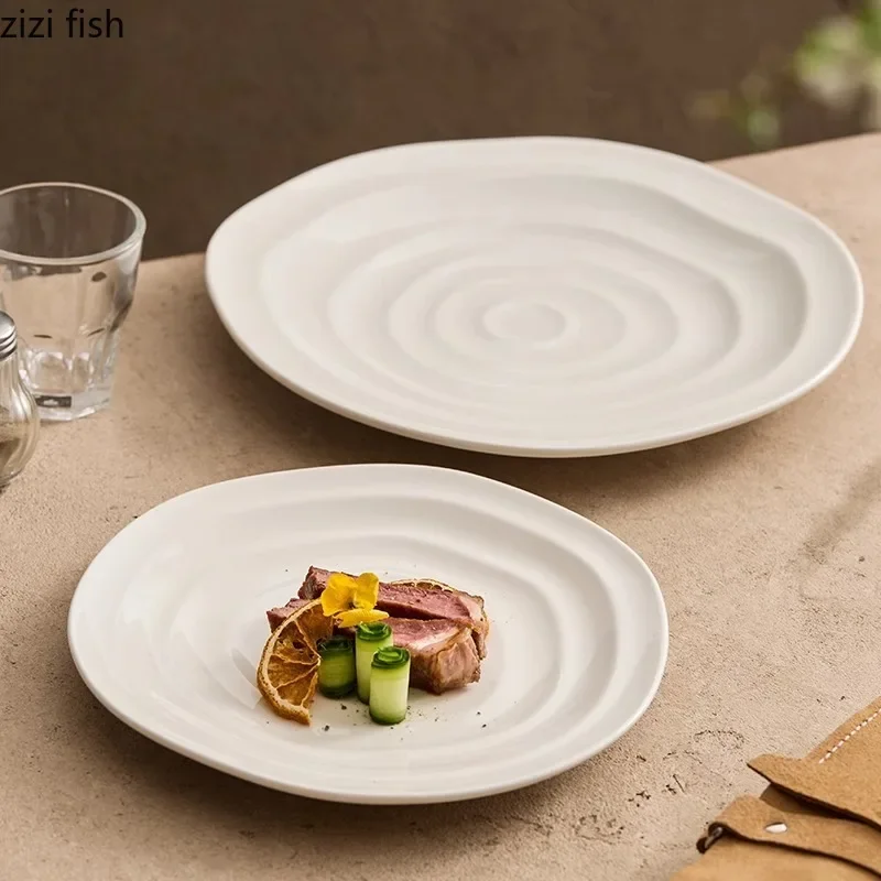 Irregular Thread Ceramic Plate White Shallow Plate Breakfast Plate Dessert Plates Sushi Plates Hotel Molecular Food Tableware