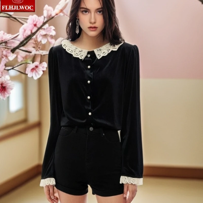 

Милая кружевная черная бархатная верхняя блузка с оборками, новогодняя женская осенне-зимняя базовая рубашка с длинным рукавом в стиле ретро с воротником-стойкой и оборками