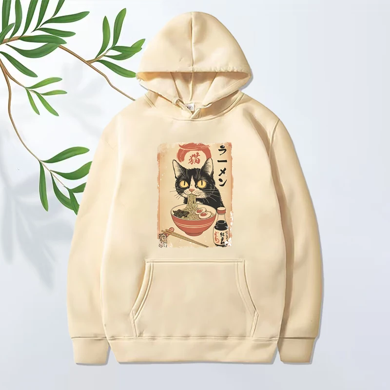 Ramen Cat hoodie Japanese Style Black Cat Eating Ramen Grpahic men women Long sleeve streetwear print oversized hoodie unisex