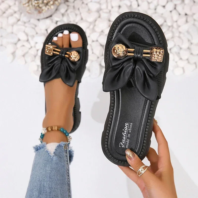 Bow Women Slippers Luxury Flats Platform Beach Flip Flops 2024 Summer Fashion Open Toe Mesh Sandals Walking Zapatos Mujer Slides