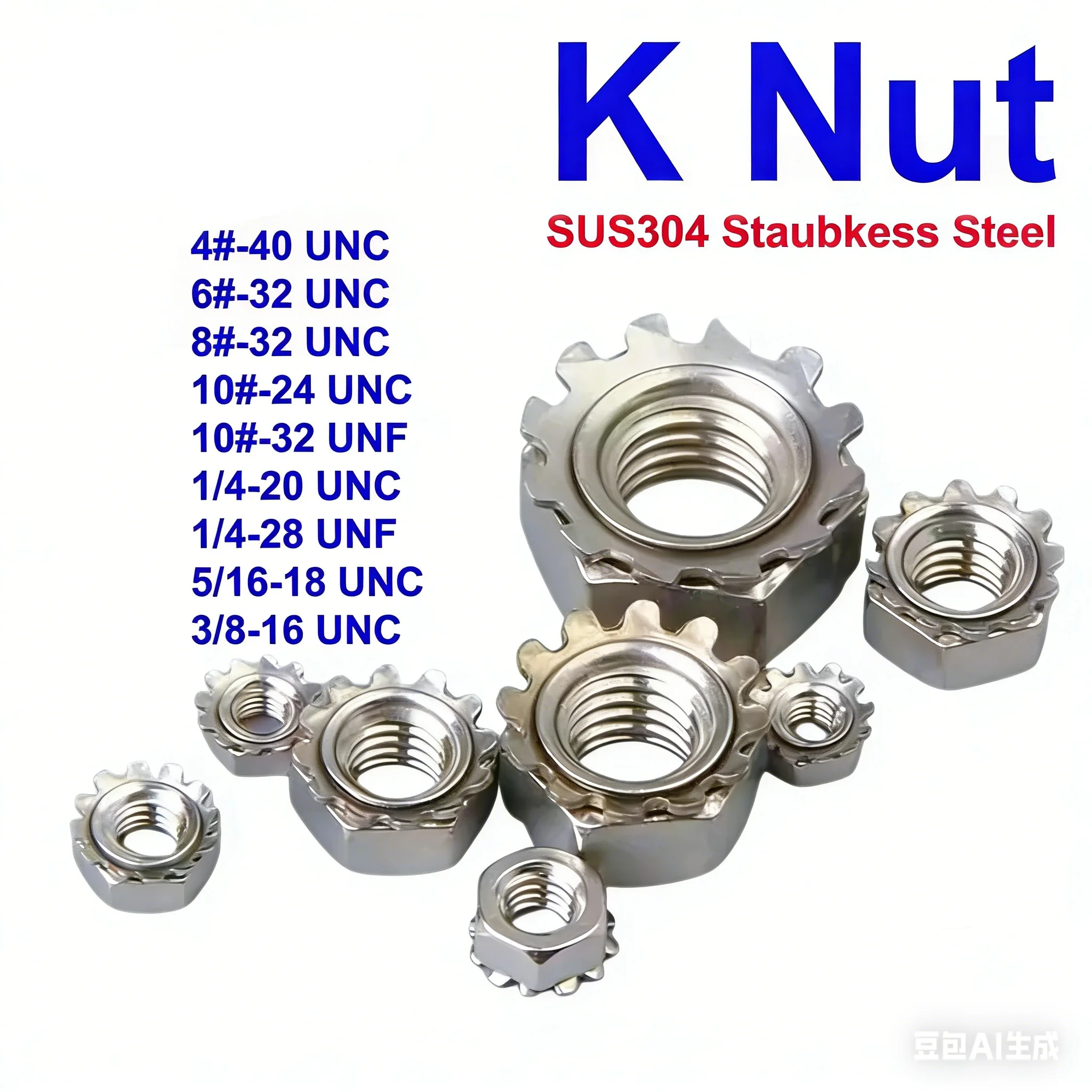A2 SS Hexagon Locknuts (K Type)  Toothed Serrated Washer Gasket  Sizes 4#-10# & 1/4''-3/8''  Compatible with UNC/UNF Threads