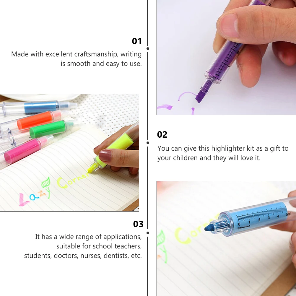 

6pcs Syringe designed Highlighters Broad Tip Needle Pen Markers Fluorescent Colors Writing Instruments for Students Teachers