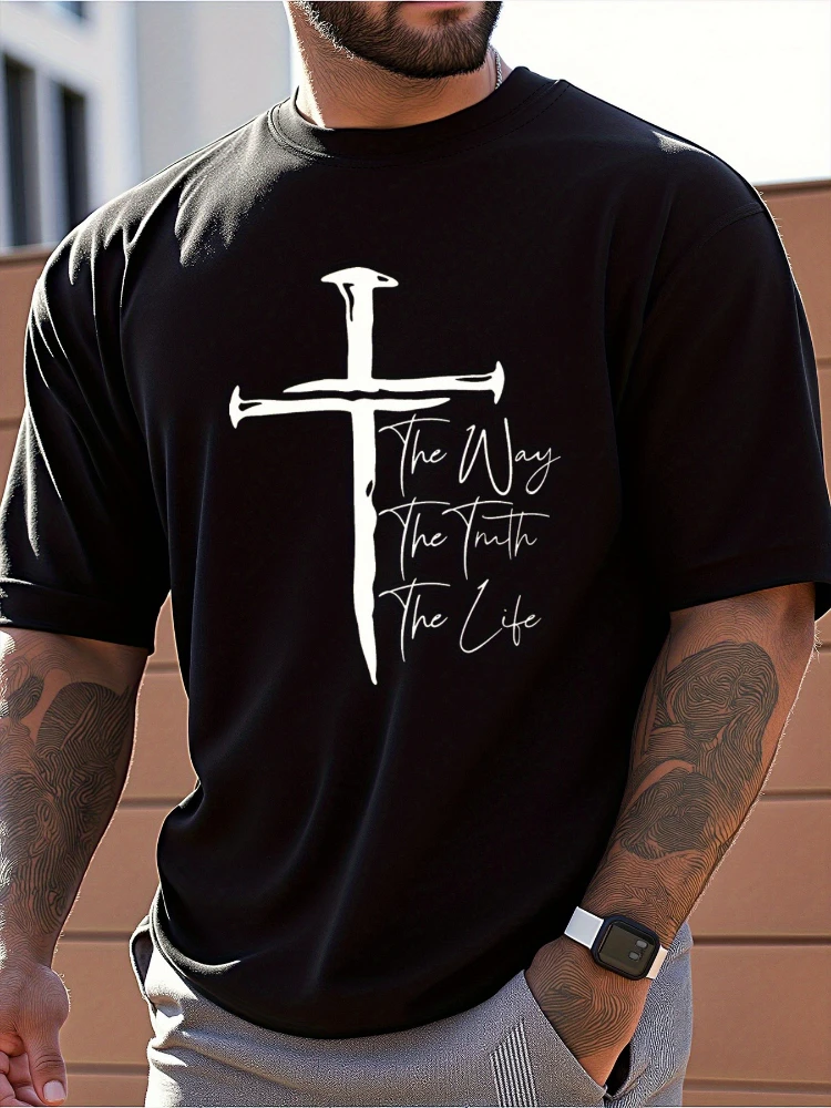 

Men's Christian faith pattern T-shirt-The Way The Truth The Life Cross design, 100% cotton breathable short-sleeved T-shirt.