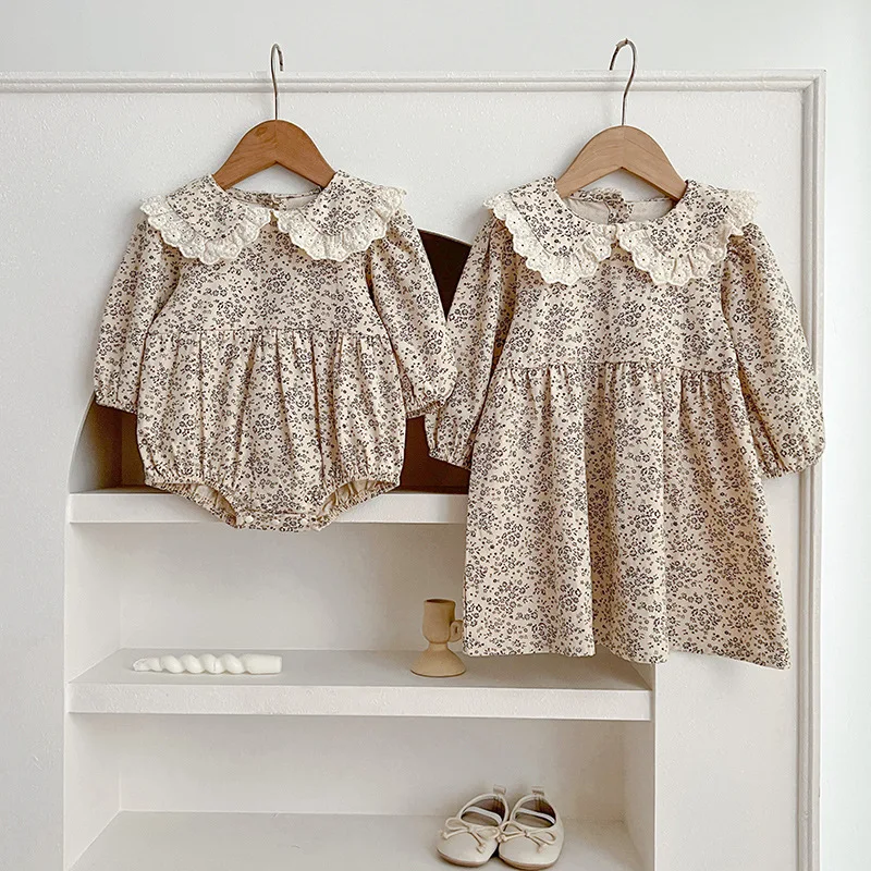 New Spring Autumn Korean Infant Baby Girl Lace Collar Bodysuit Kids Girl Flower Long Sleeve Dress Princess Sisters Look