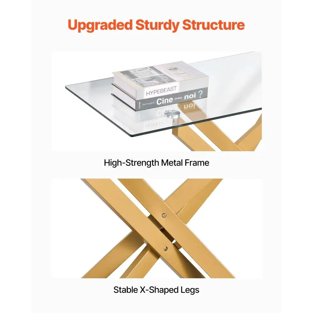 Modern Rectangle Glass Coffee Table with Iron Cross Legs Adjustable Anti Slip Feet for living Room Entryway Foyer Decor