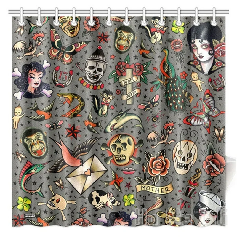 Cartoon Boho Shower Curtain Animals World Jack Lantern Skulls Vintag Flash Novelty Gray White Or Rose Background Colorful Birds