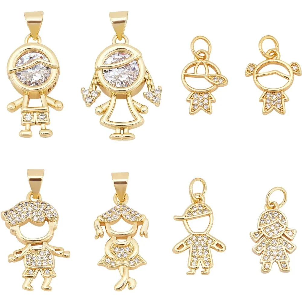 8 Styles Girl or Boy Charms Beads Micro Pave Clear Cubic Zirconia Charms Golden Crystal Boy Girl Pendants for Bracelets Earrings