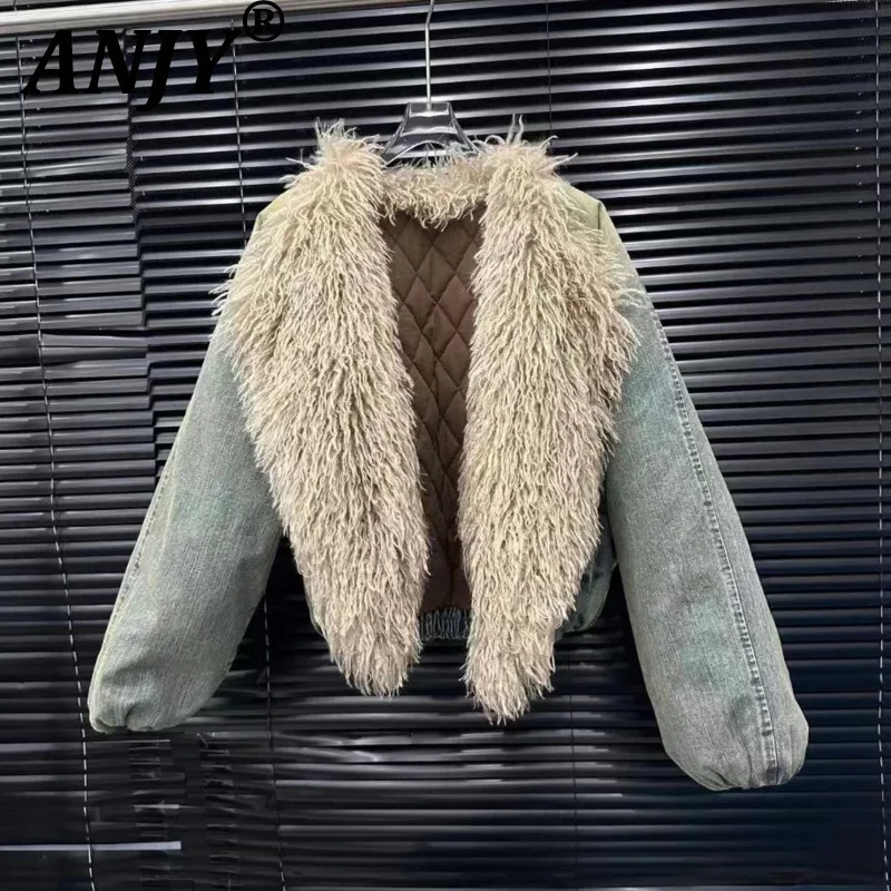 

ANJY 2025, осень-зима, новое женское модное джинсовое пальто с большими лацканами, винтажное стеганое пальто с меховым воротником и градиентом цвета, шикарное пальто A16288