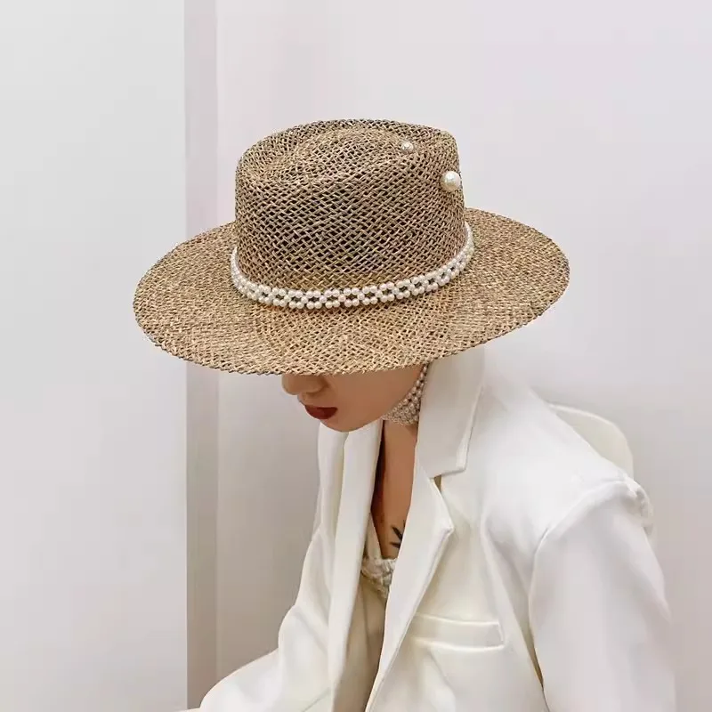 Verão palha chapéu com pérola pin para as mulheres, pára-sol à beira-mar, ranhura oca plana top