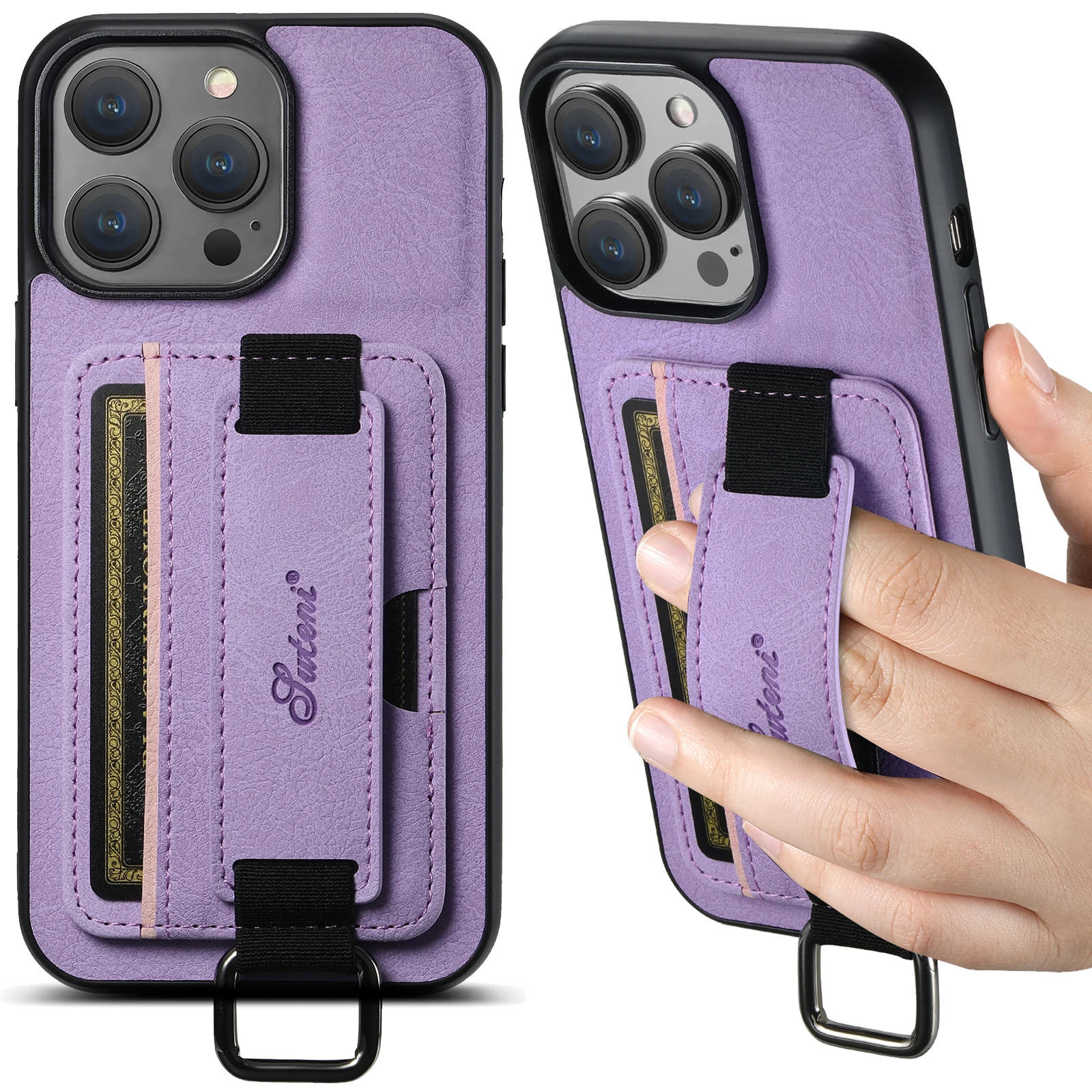 SUTENI Lychee-Haut-Print Handgelenkband Karten-Handyhülle Kartenhalter für iPhone 17 Pro Max 16 Plus 15 14 13 12 11 XR XS – Detail 8