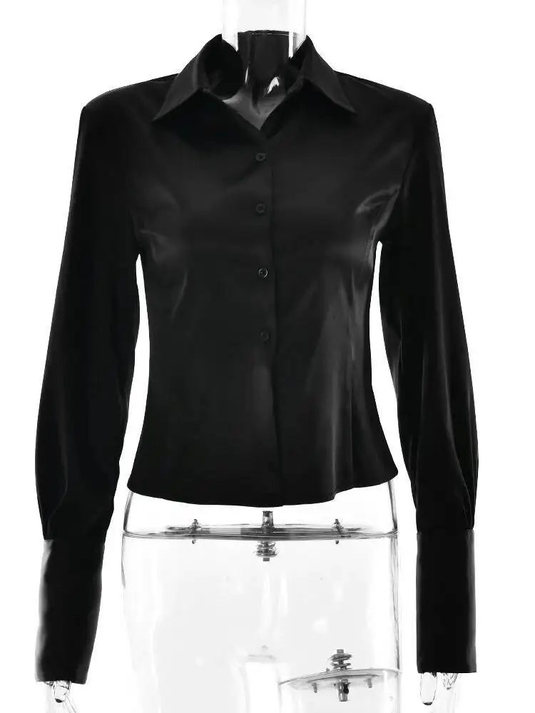 Fantoye الساتان بدوره إلى أسفل طوق زر المرأة قميص طويل الأكمام قميص قصير الإناث الخريف ضئيلة أنيقة حزب الملابس الرسمية 2025 #6