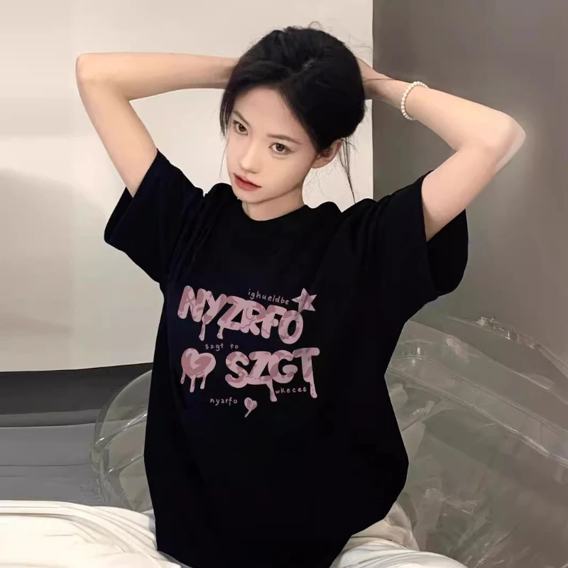 

2024 Cotton Short-Sleeved T-shirt Women Korean Fashion Summer Loose American Retro Letter Print Tees Streetwear Y2K Casual Tops